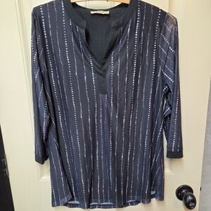 Timeson Top Womens Size Medium Black White Lined 3/4 Sleeve  V Neck Business
